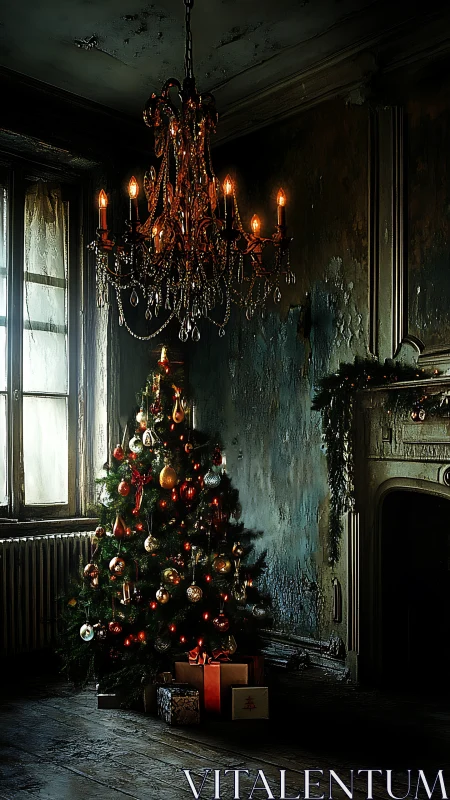 Ghosted manor Christmas tree under brooding crystal chandelier.