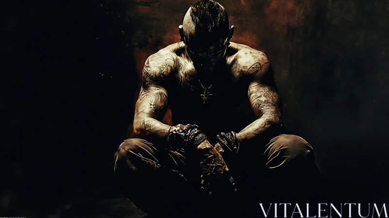 Low-key portrait of tattooed seated figure in chiaroscuro lighting.