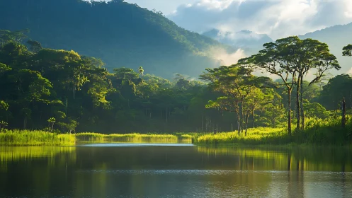 Gentle sunrise over tranquil rainforest lake and soft mist.