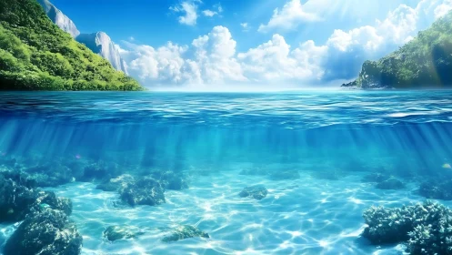 Sunlit twin worlds of tropical sea and sky in harmony.