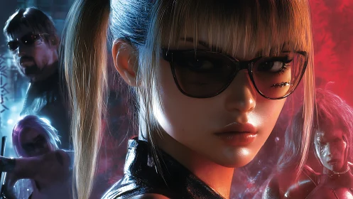 Female figure with glasses in neon-lit digital character group.