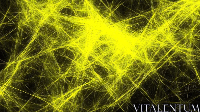 High-density neon filament network on dark negative space field.