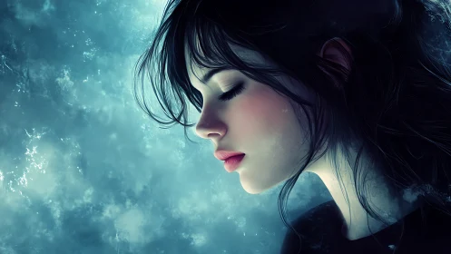 Quiet winter dream as a young woman rests in soft blue light