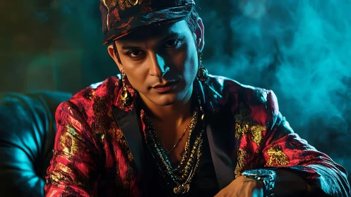 Moody studio portrait of man in metallic brocade jacket and cap.