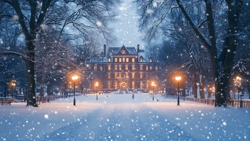 Snow covered park path leading to illuminated brick building.