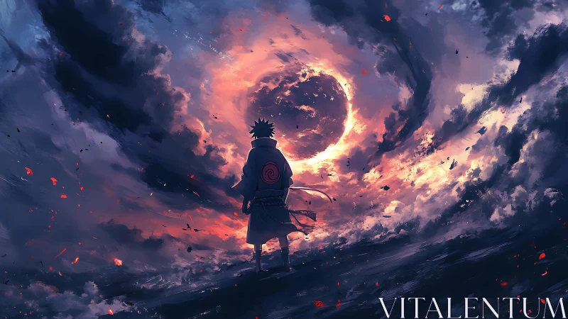 Lone warrior beneath swirling apocalyptic sky portal.