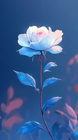 Luminous white rose glows against deep blue twilight sky