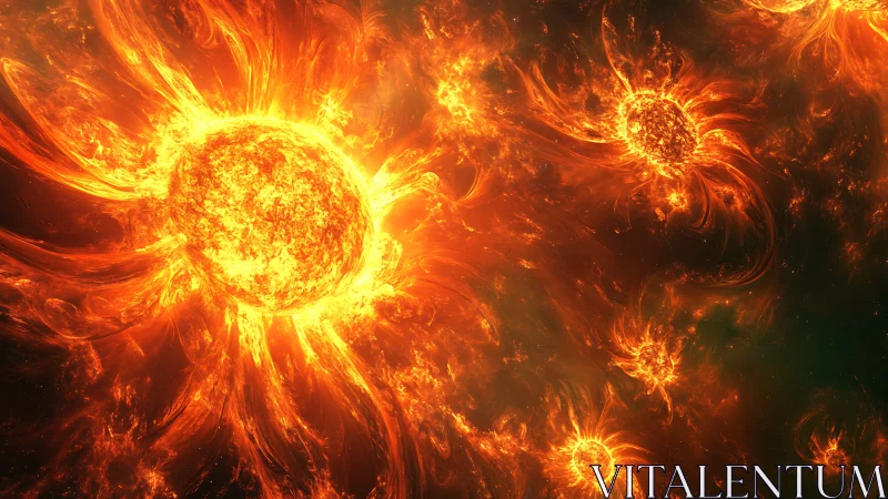 Suns pirouette through molten space in a cosmic fire ballet