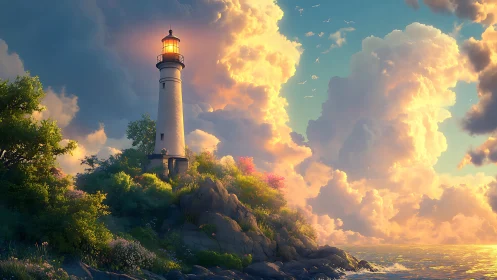 Lighthouse on Cliff at Golden Hour with Clouds