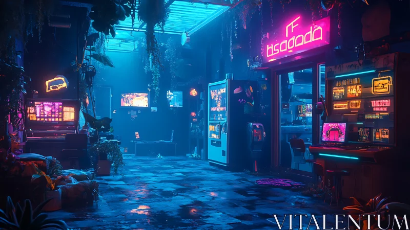 Neon-soaked cyberpunk alleyway with glowing arcade fronts.