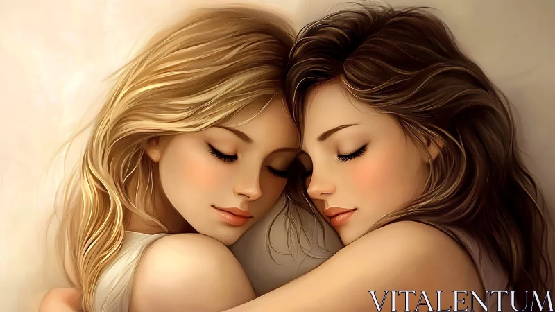 Peaceful Embrace of Two Women in Soft Digital Art Style.