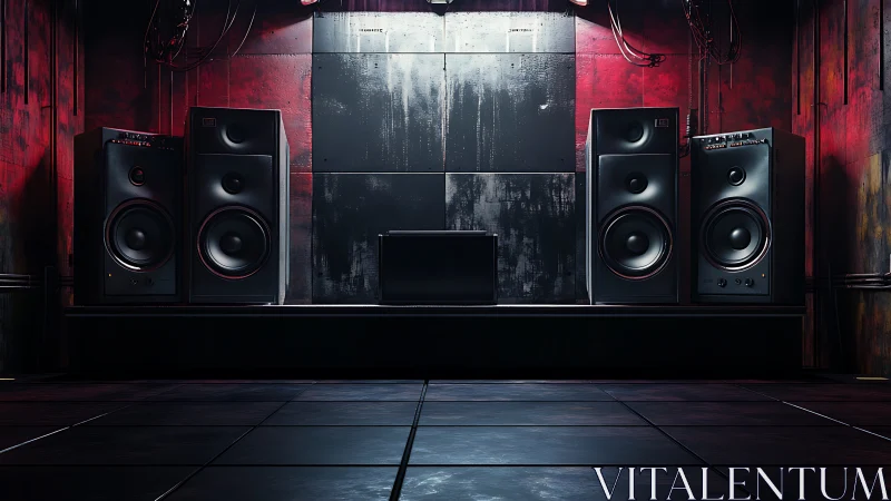 Large black speakers in moody red industrial sound room.