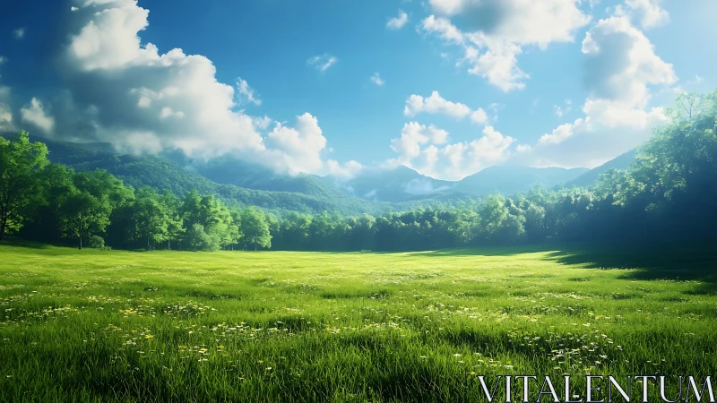 Grassy valley plain under clouds with tree line and hills.