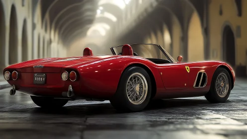 Red classic roadster under vaulted arcade lighting.