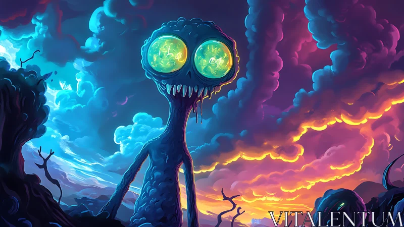 Bioluminescent alien sentinel under neon storm clouds.