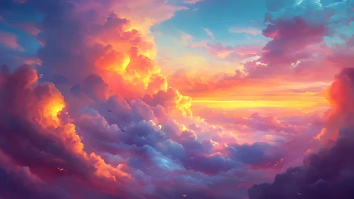 Digital painting sunset cloudscape with luminous gradients.