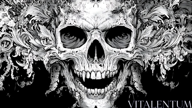 Baroque skull illustration merges ornate filigree with macabre anatomy