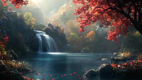 Crimson autumn trees welcome a tranquil waterfall and lake