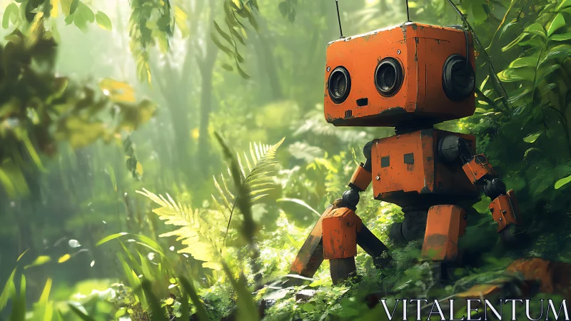 Curious orange forest robot pausing in sunlit greenery.