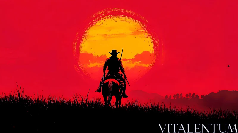 Lone cowboy rides homeward beneath a blazing red sunset sky