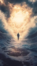 Luminous ocean pathway welcomes a lone traveler toward light