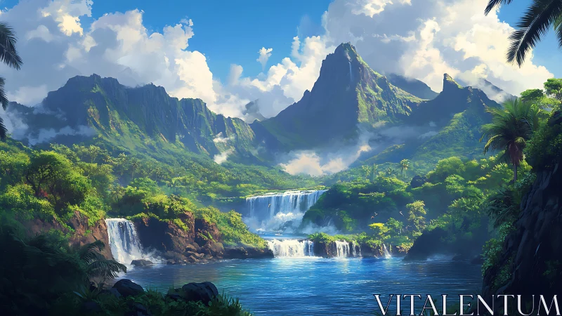 Mountain basin with tiered waterfalls and dense vegetation.