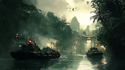 River tanks glide through jade jungle toward misty gate