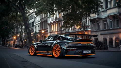 Black Porsche sports car on quiet European city street.