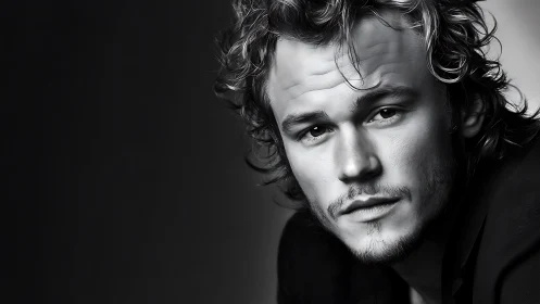 Monochrome close-up portrait of man with wavy hair.