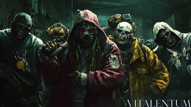 Masked cyberpunk gang advances through a toxic neon alleyway