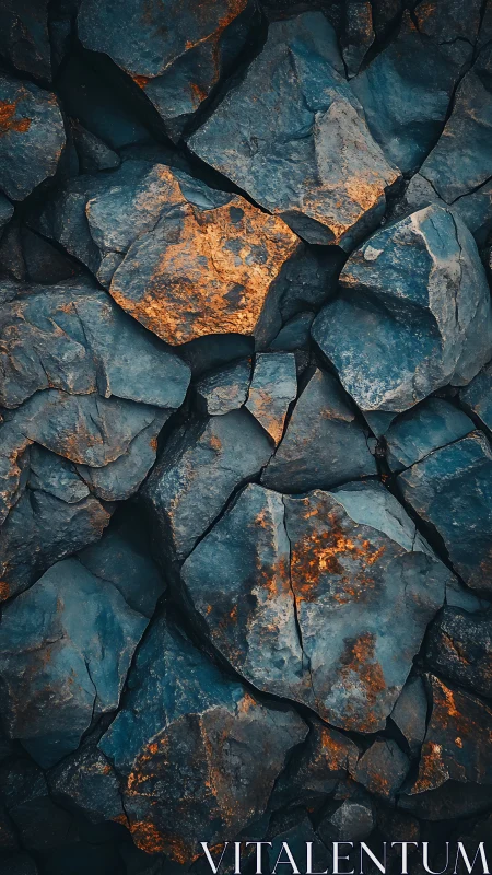 Angular fractured rocks display cool tones and rust stains