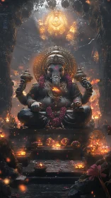 Ganesh deity statue in cavern shrine with ritual fire altars.