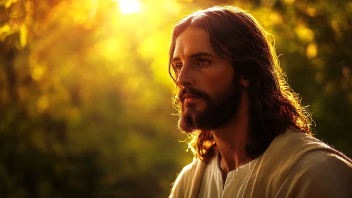 Photorealistic halo-lit portrait in golden backlit woodland.