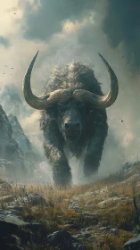 Colossal horned beast storms through misty mountain pass.