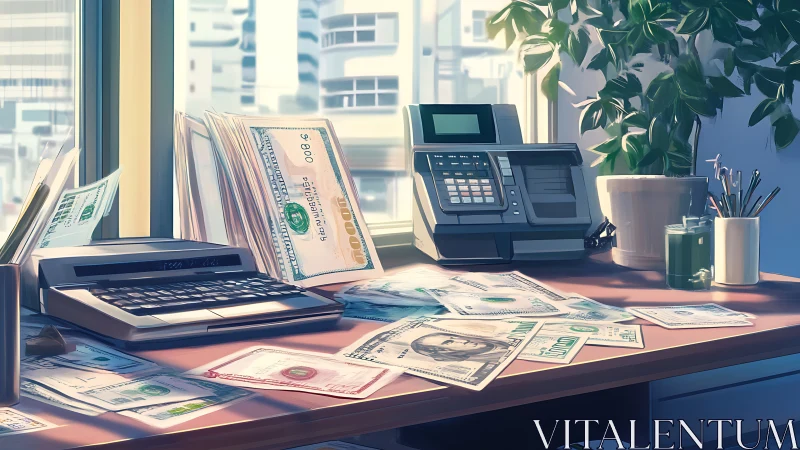 Sunlit counting desk with money, machines, and green plants.