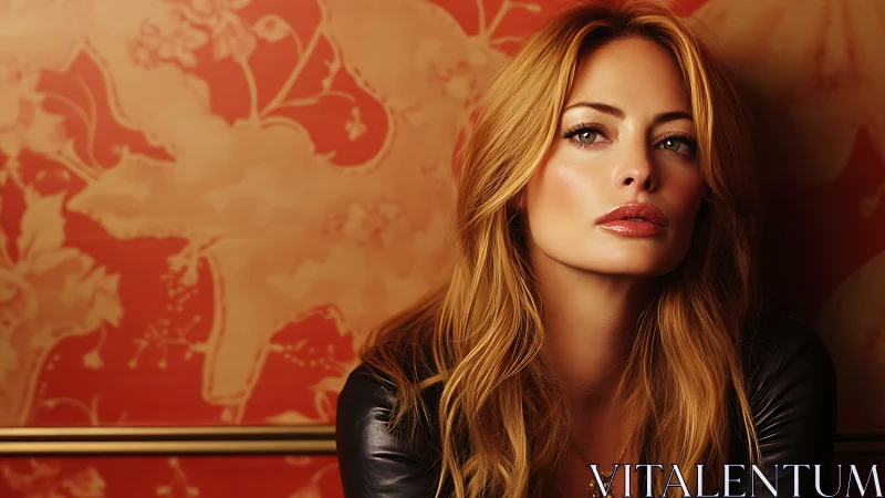 Photorealistic portrait against ornate warm floral backdrop.