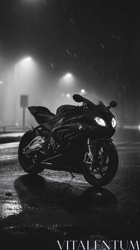 Sport motorcycle on wet night street under rain showers.