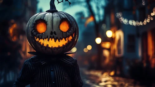 Pumpkin headed figure stalks moody Halloween street at dusk.