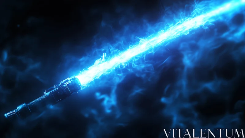 Blue energy sword ignites through swirling nebula haze.