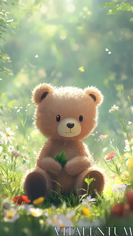 Digital painting of plush teddy bear in luminous meadow setting.