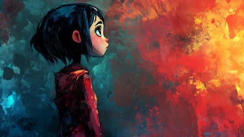 Blue haired child in profile framed by vivid bicolor nebula.