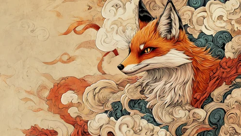 Fox of curling smoke realms and ember-tipped whispers.