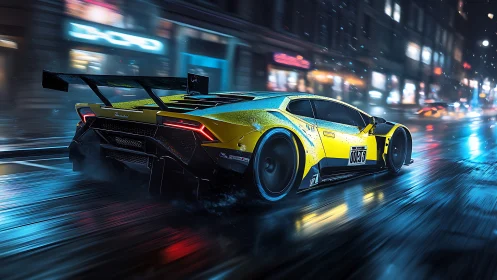 Neon streets and a yellow supercar racing through the rain.