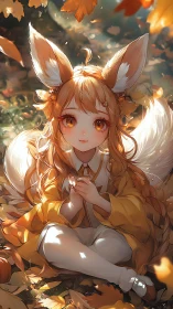 Fox-eared girl seated among autumn leaves in forest.
