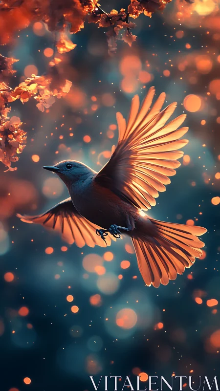 Ember-wing songbird gliding through twilight firefly dusk.