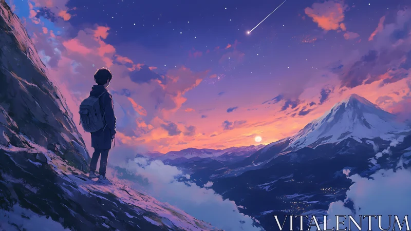 Twilight summit view with lone traveler under falling star.