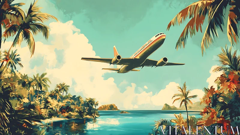 Vintage aircraft flying over tropical lagoon with palms