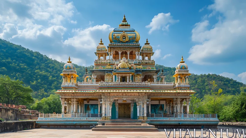 Ornate Hindu temple facade framed by forested hillside landscape
