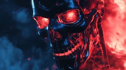 Neon inferno cyborg skull blazing through electric dusk.