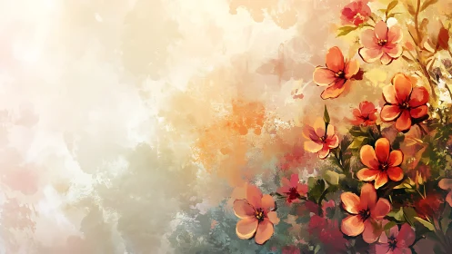 Warm Watercolor Floral Composition with Red-Orange Blooms
